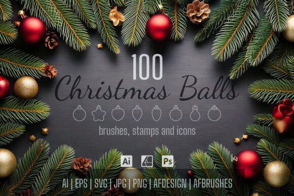 100 Christmas Ball Icons and Brushes for Festive Designs